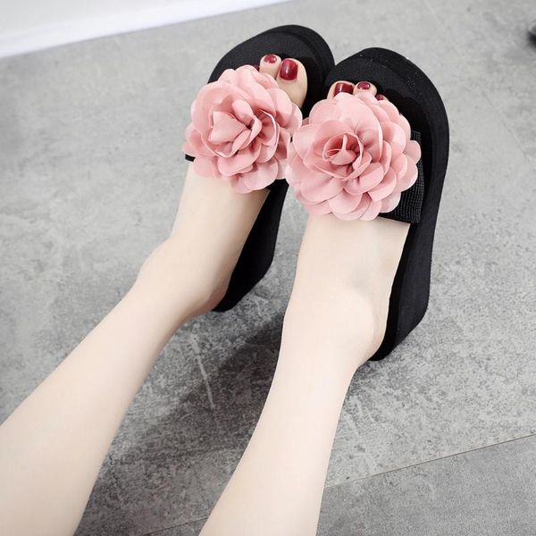 

slippers women's ladies bohemia flower home outdoor wedges beach shoes sandals summer women 2021, Black
