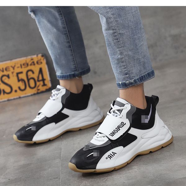 

new autumn and winter fashion leather men's color matching round head middle sneakers lace up flat heel outdoor casual shoes, Black
