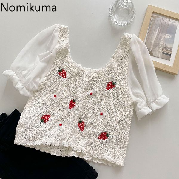 

nomikuma strawberry hook cut out blouses women o neck short sleeve sweet shirts patchwork korean chic blusas mujer 210514, White