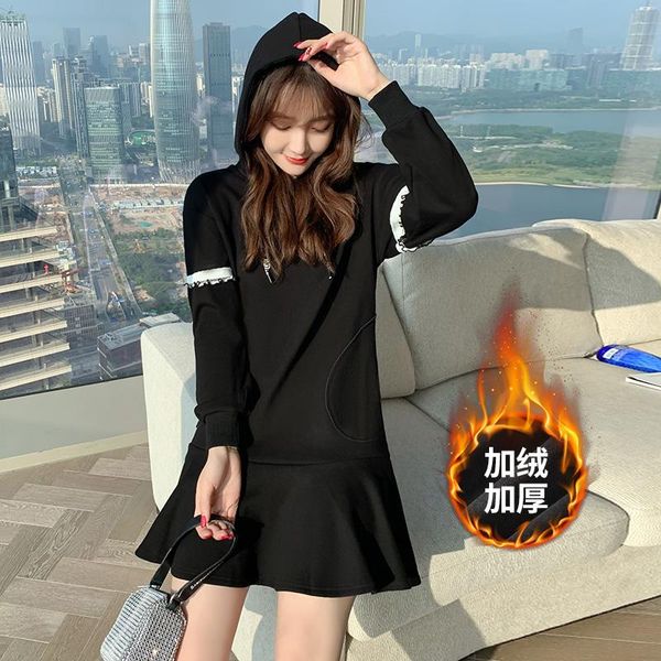 

make spot han edition add hair thickening who dress ~ winter students hooded long-sleeved casual dresses, Black;gray