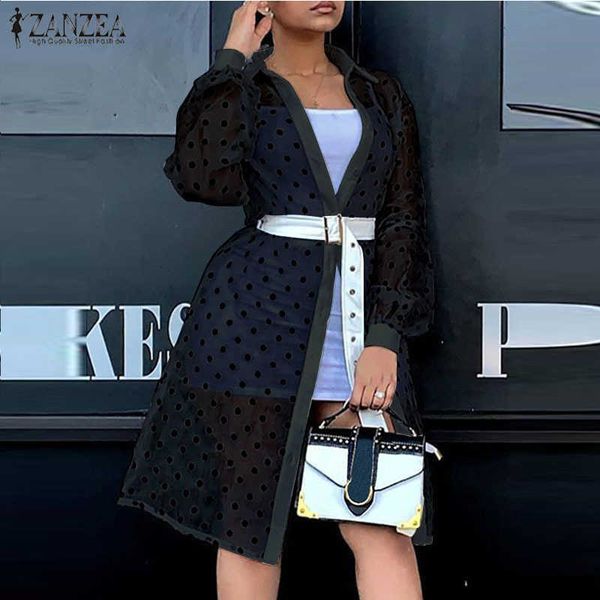 

women's blouses & shirts blouses plus size women polka dot print summer open front cardigans puff sleeve long see through x5gb, White