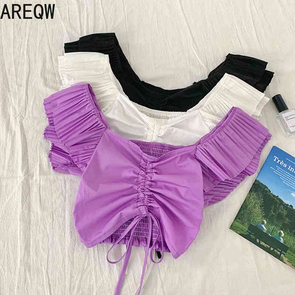 

summer design sense pleated rope ruffled flying sleeves slim slimming short shirt women 210507, White