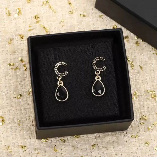 

2022 drop charm dangle earring with diamond black crystal color for women wedding jewelry gift have box stamp, Golden