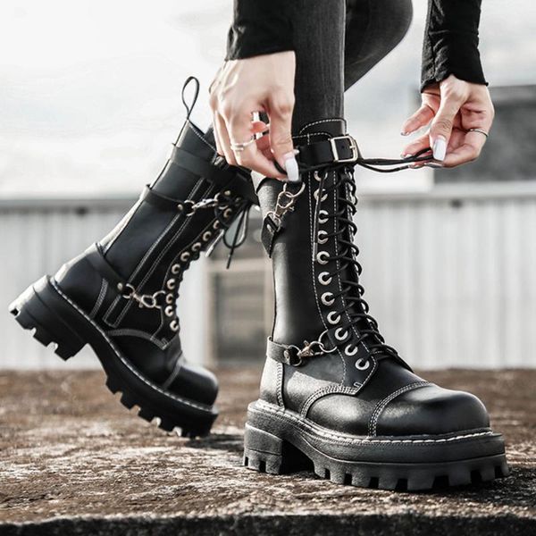 

boots punk motorcycle women winter thick plus size 41 gothic leather high heel thread fashion female shoes, Black