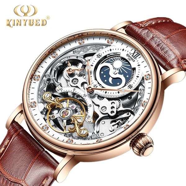 

wristwatches kinyued skeleton mechanical watch men automatic tourbillon sports male clock casual business moon phase relogio masculino, Slivery;brown