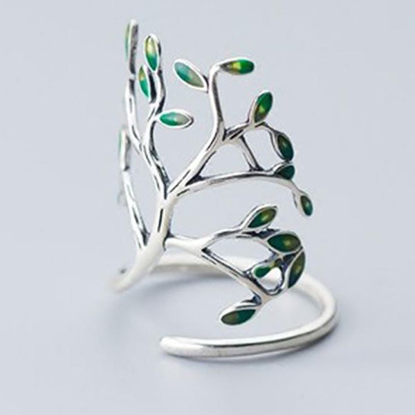 

cluster rings silver korean wave fresh forest art romantic green leaves sweet niche design crafts women's opening adjustable ring, Golden;silver