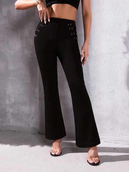 

grommet eyelet crisscross flare leg pants q5ug#, Black;white