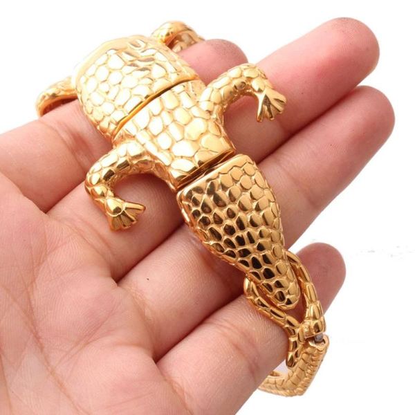 

rock hip hop 316l stainless steel gold filled crocodile bracelet bangle cuff jewelry for men quality charm bracelets, Golden;silver