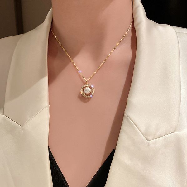 

ins style fashion design pearl inlaid diamond geometric ring necklace net red temperament pendant simple clavicle chain pendant, Silver