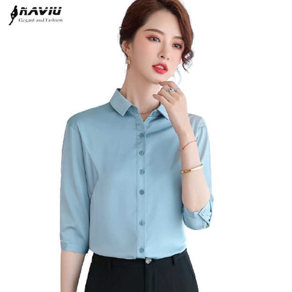 

light blue shirt women fashion design temperament half sleeve satin summer loose blouses office ladies formal work 210604, White
