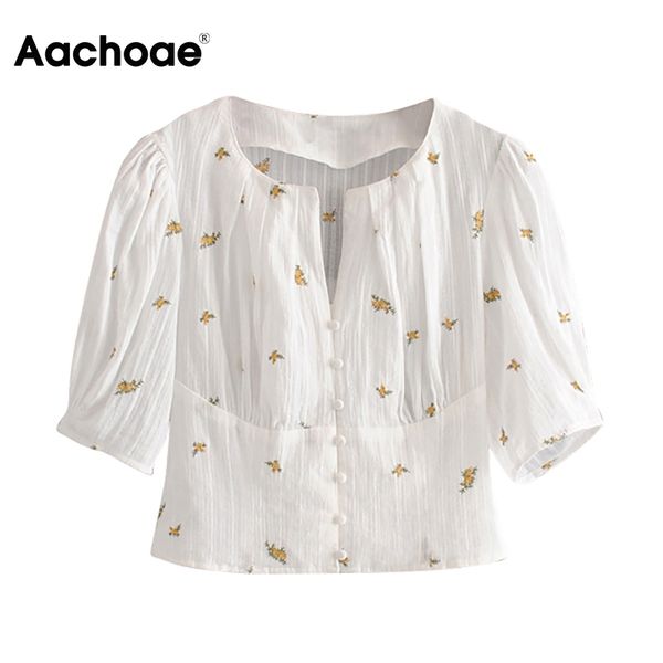 

aachoae women floral embroidery elegant blouse summer v neck puff short sleeve vintage shirt button chic lady blusa mujer 210413, White
