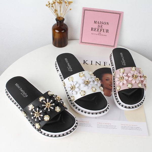 

rhinestone string bead flower bling high heel and platform flat latex peep toe floral elegant female slides slippers spring, Black
