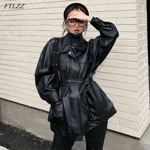 Giubbotto in pelle sintetica sintetica da donna vintage con colletto rovesciato tasche con bottoni cappotto con cerniera moto punk medio lungo 210423