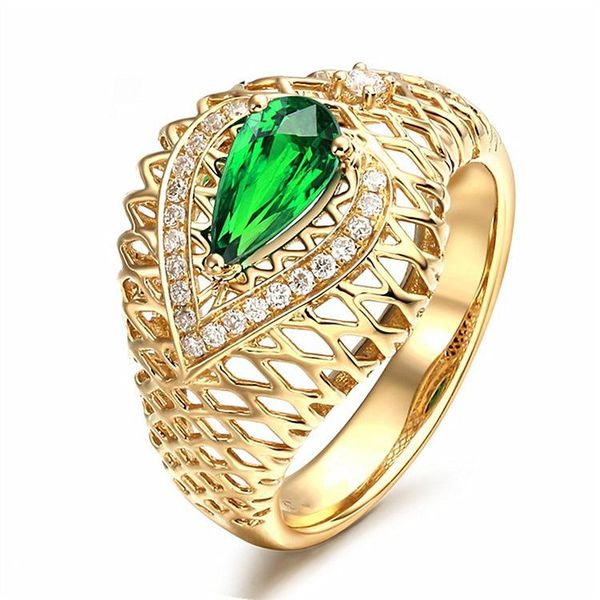 

wedding rings vintage gold color hollow-out unique shine cz green crystal big finger ring for women gift drop wholesale, Slivery;golden