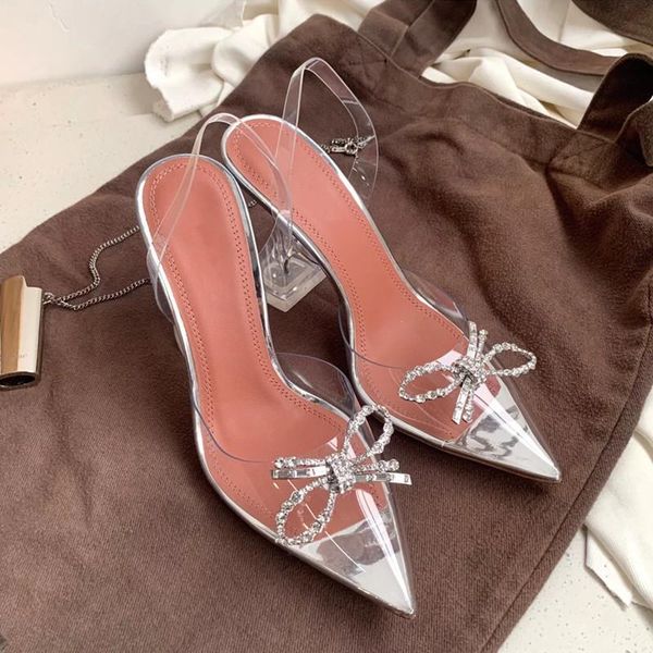 

summer bow sandals women's crystal transparent rhinestone high heels stiletto heel, Black