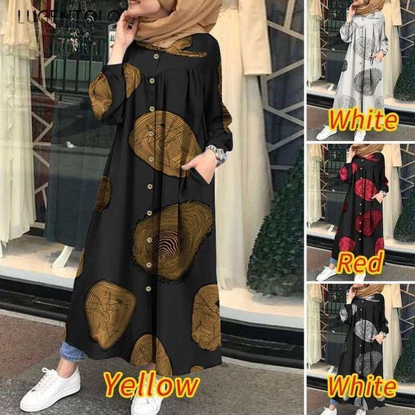 

casual dresses lugentolo dress vintage women autumn fashion muslim retro long sleeve loose big swing print women's, Black;gray