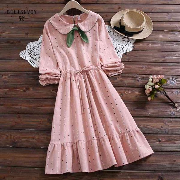 Primavera Autunno giapponese Mori Girl Sweet Ruffles Dress Bowknot Women Peter Pan Collar manica lunga stampata floreale abiti vintage 210520