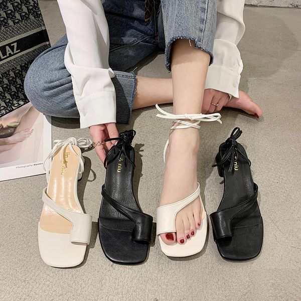 

dress shoes black beige clip toe gladiator sandals women ankle strappy chunky heel summer outdoor fashion open heels 2021