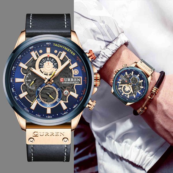 

watches curren mens branded luxury casual leather strap sport quartz wristwatch chronograph clock male creative design dial, Slivery;brown