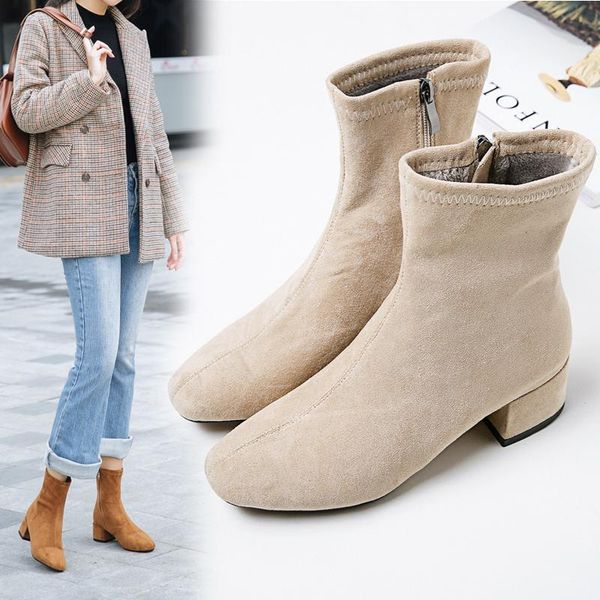

boots 2021 autumn winter women round toe yarn elastic ankle thick heel high heels shoes woman female socks 33 34 40, Black