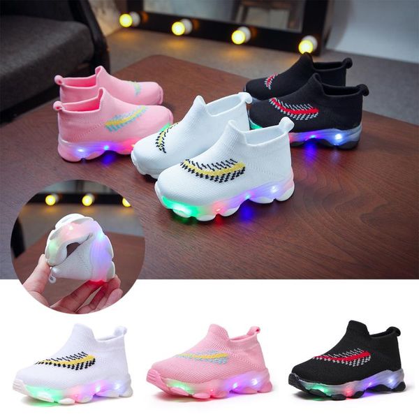 

athletic & outdoor running breathable sport shoes baby gilrs boys led glow kids flying knit feather sneakers casual walking, Black