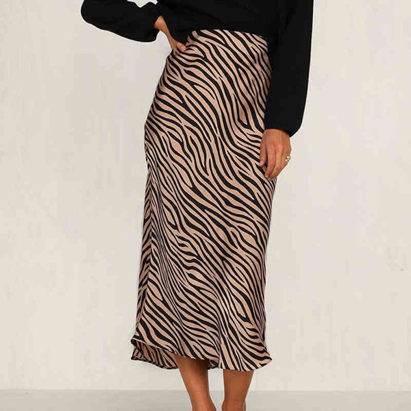 Высокая талия атласная длинная юбка женская зебра печати A-Line юбка дамы Maxi уличные юбка днища 210415