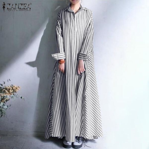 

casual dresses oversized stylish women striped long shirt dress autumn lapel neck sleeve kaftan maxi vestidos vintage sundress robe1, Black;gray