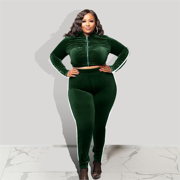 

plus size tracksuits sets 3xl 4xl turn down collar zipper pure color velvet stretch sports tracksuit women wholesale drop, Black