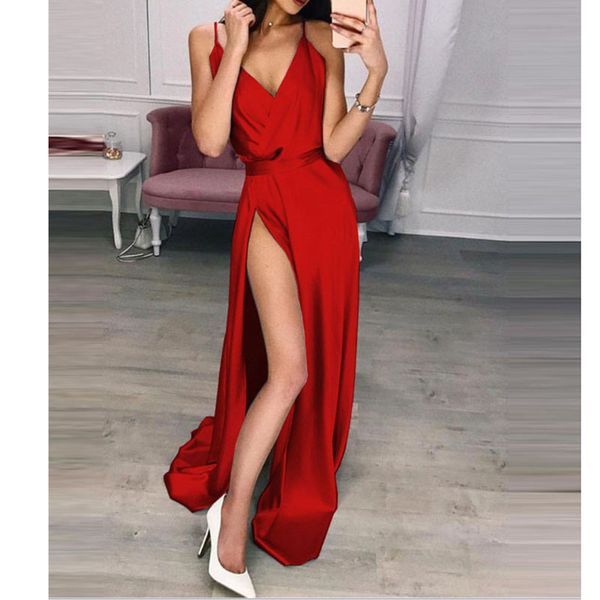 

summer women satin slip spaghetti strap burgundy high slit silk long party dress 210415, Black;gray