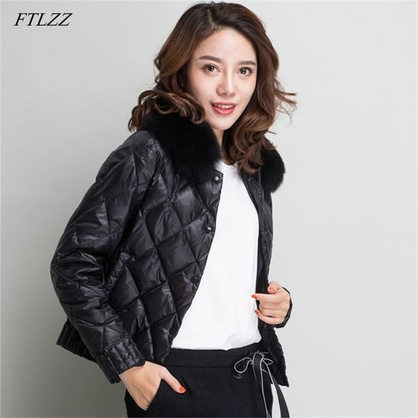 

women real collar down jacket winter warm ultra light short white duck parka elegant coat outwear 210430, Black