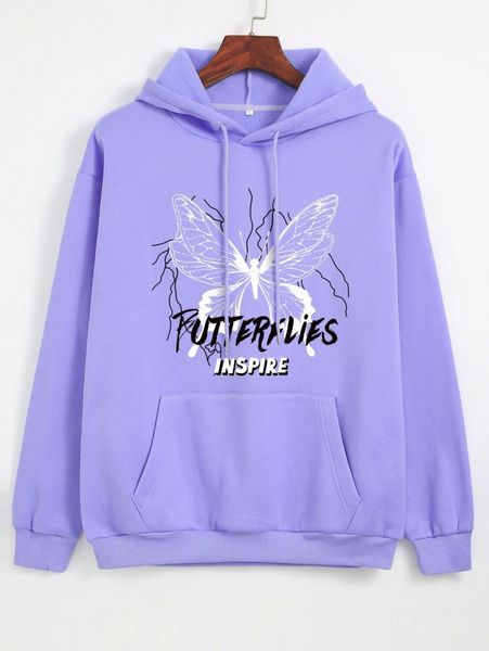 

slogan and butterfly print drawstring kangaroo pocket hoodie h44p#, White;black