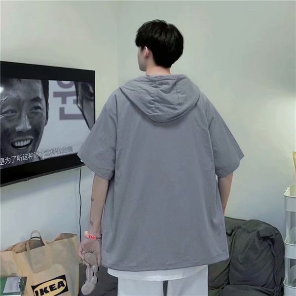 

cardigan sweater short sleeve men's hooded summer coat thin fashion 5-sleeve, Black