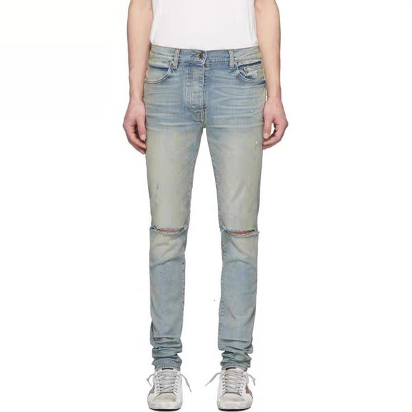 

high street 20ss am blue skinny knife cut hole jeans men's and women's high fog slp fashion brand