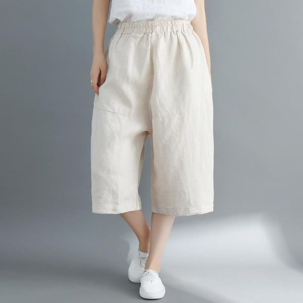 

women's pants & capris 2021 summer woman casual cotton linen cropped trousers loose vintage wide leg womens plus size -3xl yy301, Black;white