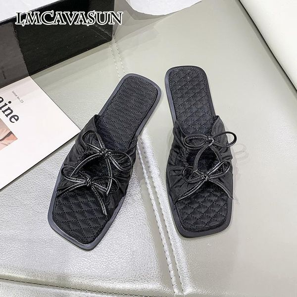 

sandals lmcavasun mona with the same bowknot pleated and slippers women 2021 square toe open hollow flat outer wear sing, Black