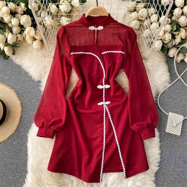 

spring temperament retro vestidos female improved version cheongsam stand collar puff sleeve mini dress c349 210507, Black;gray