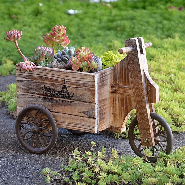 

planters & pots vintage small handcart natural wooden flower tub european home garden decor wheel trolley wood plant pot