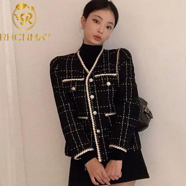 

women's jackets luxury designer wool coat women black vintage v neck plaid tweed golden buttons elegant office lady outwear korean, Black;brown