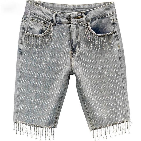 

women's jeans light blue rhinestone denim short pants 2021 summer high waist european style diamond tassel shorts