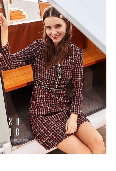 

vintage red plaid dress spring long sleeve autumn women dresses fashion houndstooth bright silk tweed above kneen, Black;gray