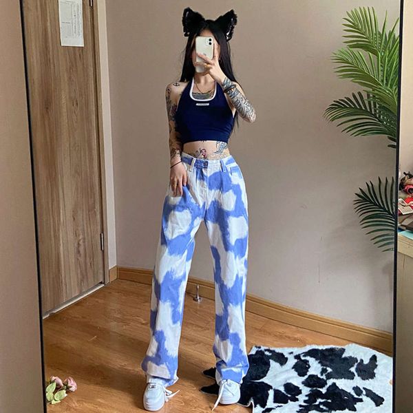 

winter fashion personalized tie dyed white printed loose, Blue