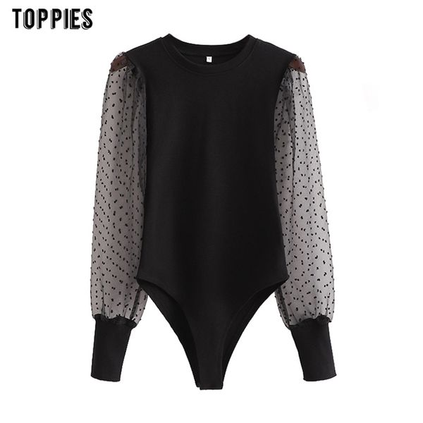 

fashion mesh yarn spliced skinny bodysuits woman knitted jumpsuits long sleeve club wear 210421, Black;white