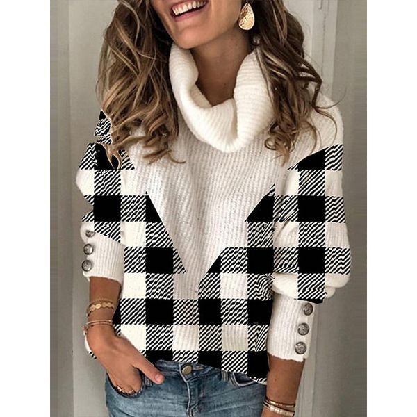 

women's pullover sweater knitted plaid stylish cotton long sleeve sweater cardigans turtleneck fall winter black going out, White;black