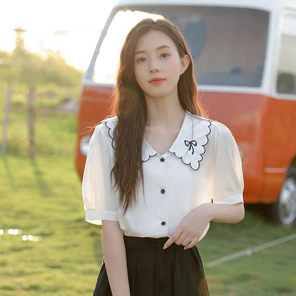

women's blouses & shirts shirt french chic puff sleeve doll collar short-sleeved summer female thin white straight tube bow embroidered