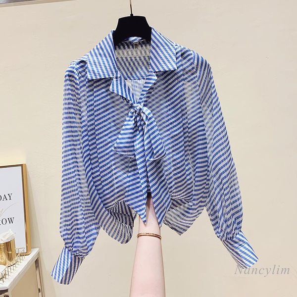 

women's blouses & shirts elegant stripe blouse for women 2021 spring autumn chiffon shirt female lady long sleeve nancylim blusa mujer, White
