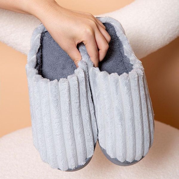 

slippers 2021 vertical stripe female winter warm fur home cotton thick sole slides fashion plush non-slip women men indoor shoes, Black