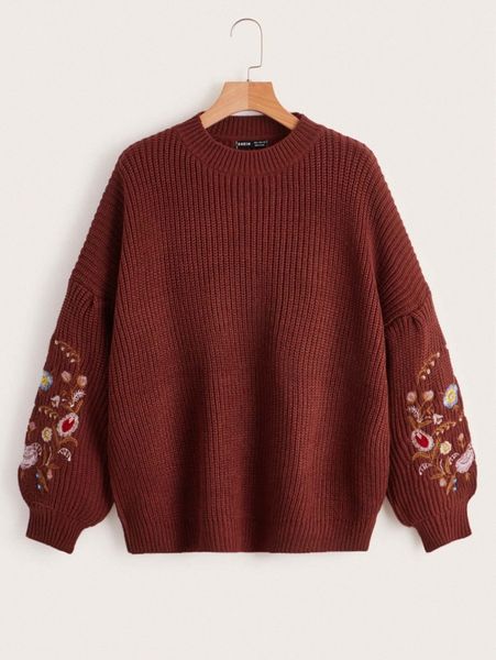 

drop shoulder embroidery floral sweater e5fj#, White
