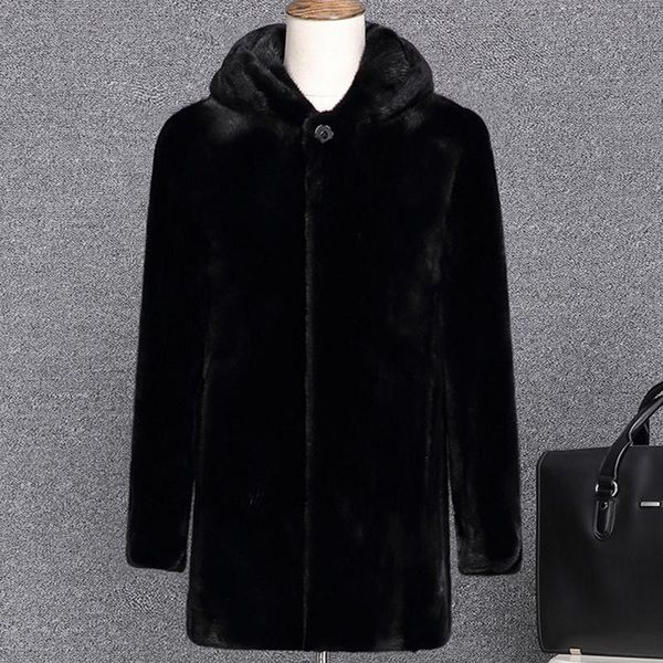 

men's fur & faux mink coat male overall long large size haining medium and old men jacket, Black