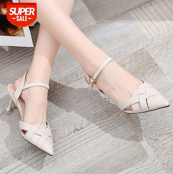 

first layer cowhide sandals high heel women's shoes stiletto pointed toe leather fashion #q66a, Black