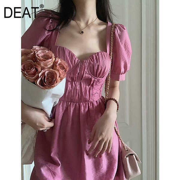 

[deat] summer fashion square collar high waist puff sleeve solid color loose elegant mini dress women 13q190 210527, Black;gray